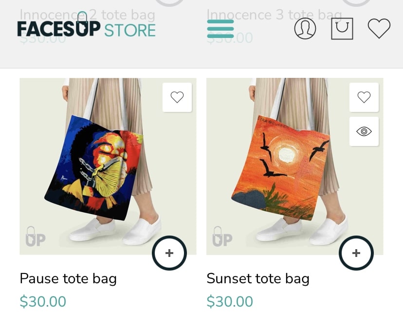Two artistic tote bags, which are merchandise of Faces Up store, a non profit online store.